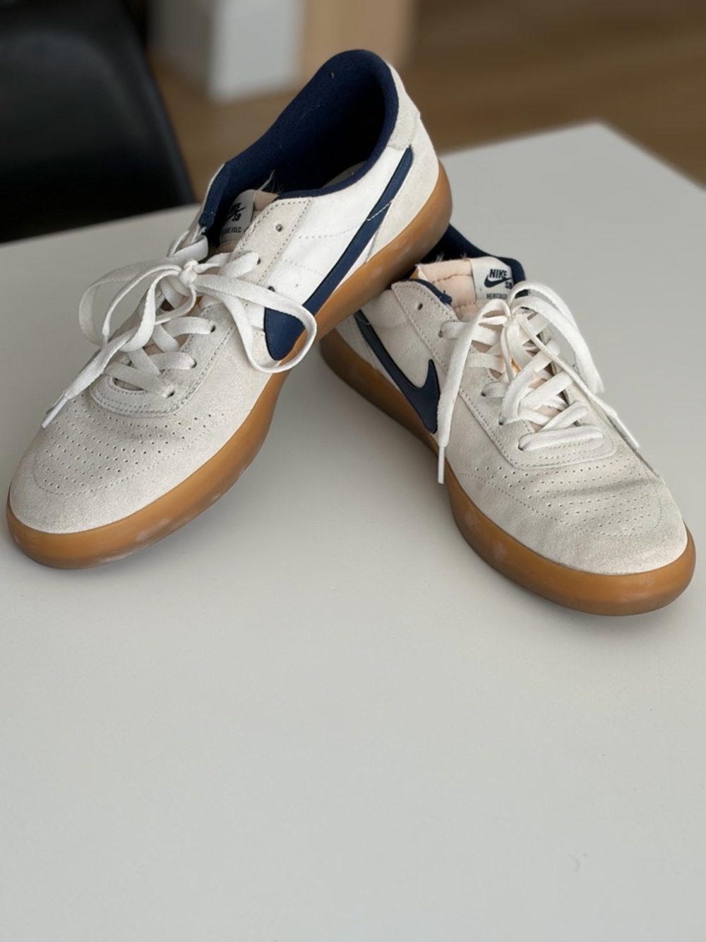 Nike Men’s Cream Suede Sneakers with Navy Swoosh and Gum Sole